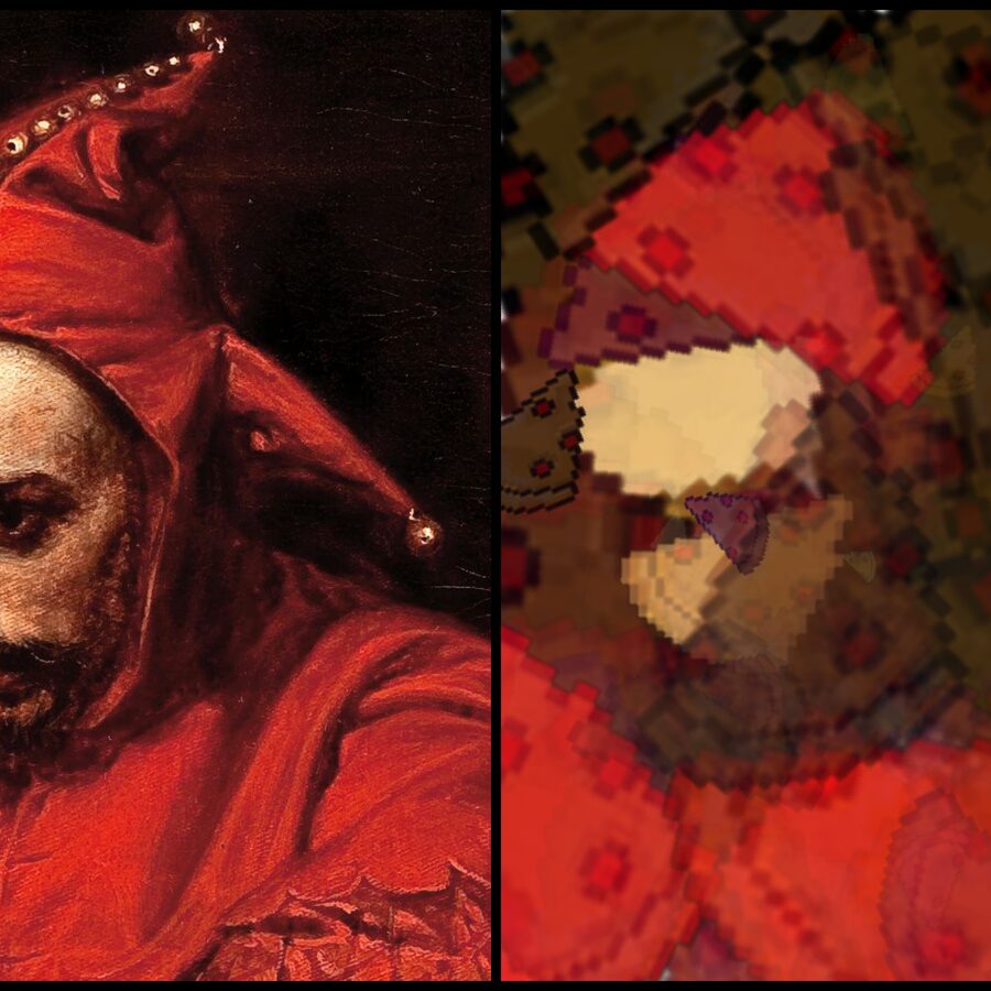 A portrait reconstructed out of pizza-slice shapes by an evolutionary algorithm, next to the source painting